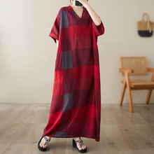 外贸2024夏季v领薄大码宽松文艺度假风沙滩裙复古遮肉长款连衣裙