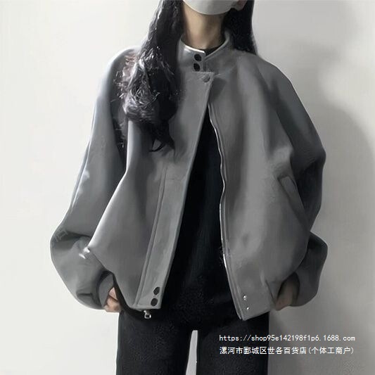 American retro gray, stylish and cool, high-end look, stand-up collar, suede jacket for women, new spring/autumn collection, versatile and trendy American retro gray, stylish and cool, high-end look, stand-up collar, suede jacket for women, new spring/autumn collection, versatile and trendy
