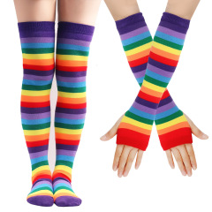 Eurasian Rainbow Long Stockings, High Calf Socks, Cotton Knee-High Socks, Women's Colorful Striped Gloves, Cross-Border Party Supplies, Set