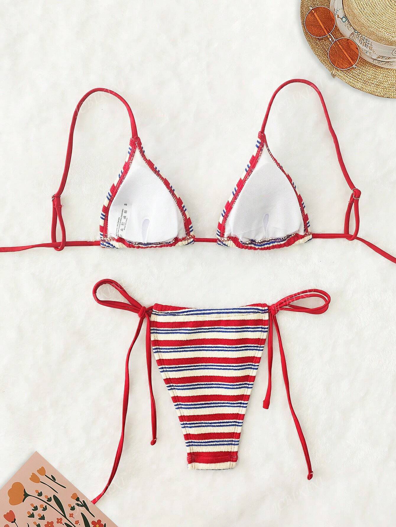 Ensemble bikini rayé taille basse deux pièces maillot de bain femme_voghion.com