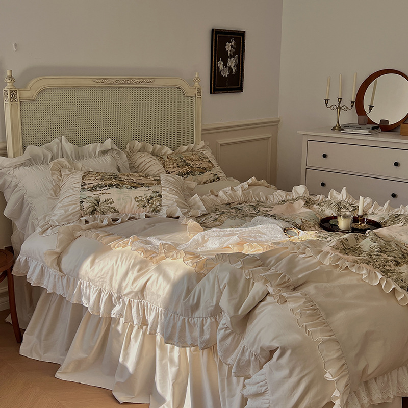 Nordic Vintage Four Piece Bedding Set Pure Cotton Princess Style_voghion.com