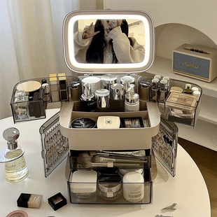 Led Light Cosmetic Bag with Mirror Large Capacity Satchel Cosmetic Cosmetics Bag 2024 New Cosmetic Case