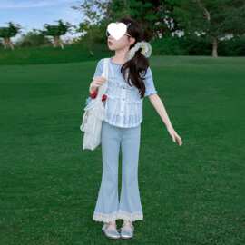 2026新款女童套装春秋夏蓝色洋气假两件女孩蕾丝拼接上衣韩版牛仔
