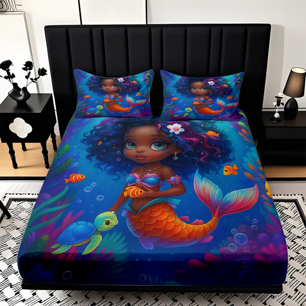 JIT modo Temu 3D impresión de caricatura sirena cama textil casera camisa ropa de cama tres piezas set transfronterizo mayorista