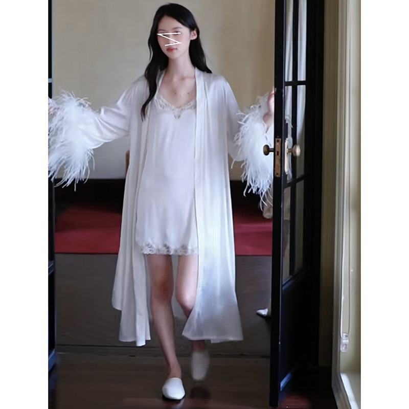 French-Style Light Luxury Fluffy Feather-Sleeved Loose Long Dressing Gown with V-Neck Lace Camisole Dress and Short Satin Loungewear Set