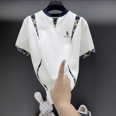 2025夏季新品欧货男士拼色假两件短袖立领休闲男女同款时尚拉链短