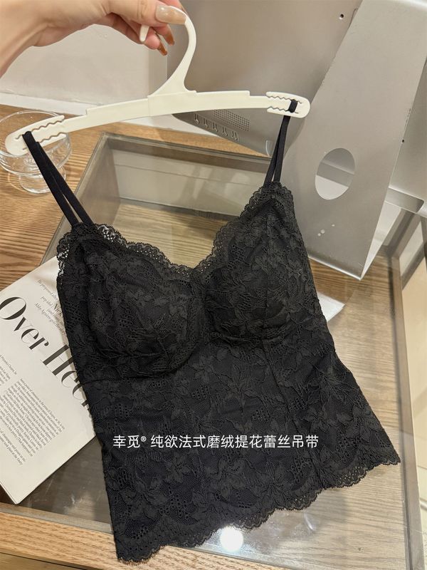幸觅 6099秋冬磨毛保暖长款法式蕾丝深V内衣带胸垫吊带背心文胸|undefined