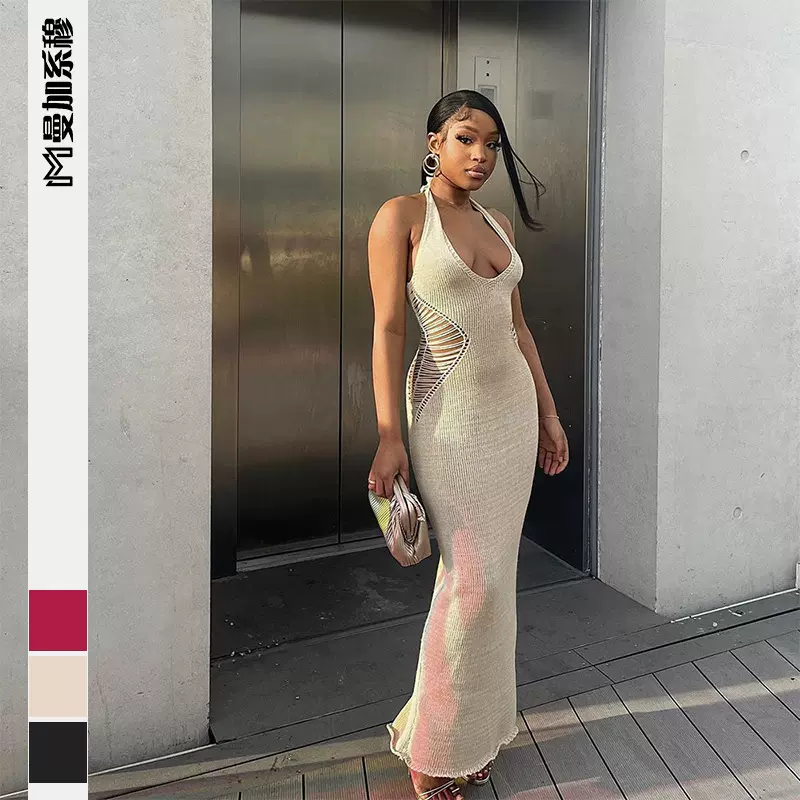 侧腰镂空针织连衣裙欧美性感露背紧身包臀沙滩海边2023春夏长裙