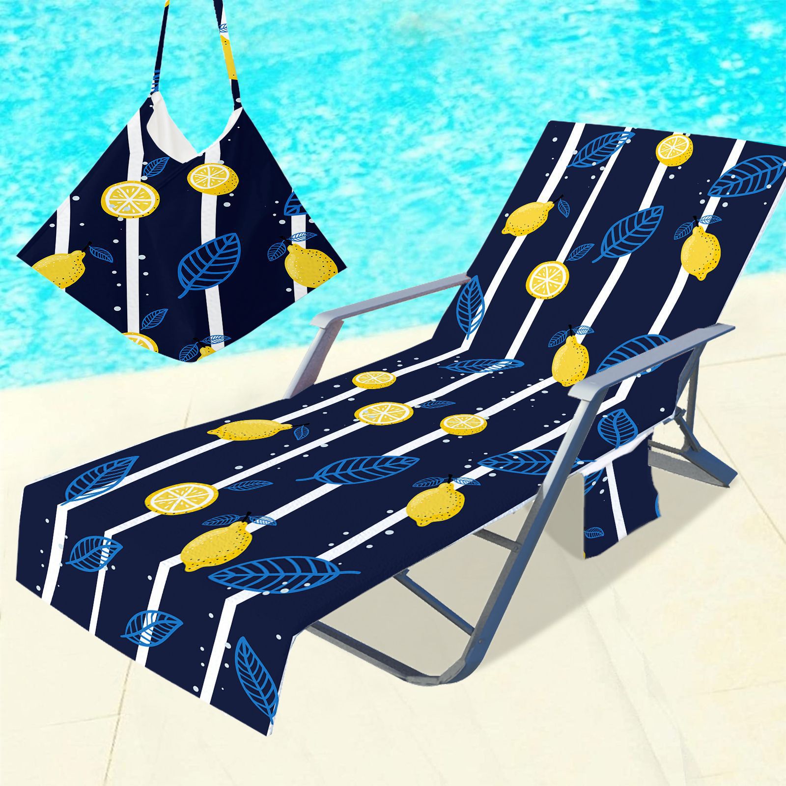 2022欧美长方形印花水果图案沙滩巾涤纶躺椅罩野餐袋时尚海边椅套