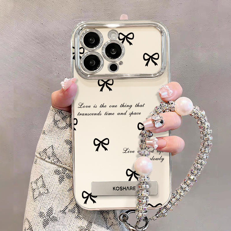 Bow Chain Apple 16 Mobile Phone Case with Stand 17 Electroplated Window 15 Silicone Anti-Fall 13 Simple 12 Women's Model
