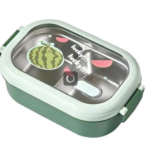 Nuevo producto pequeña lonchera de acero inoxidable fresca, caja de almuerzo para estudiantes con impresión de frutas, caja bento para trabajadores de oficina, se puede calentar con agua