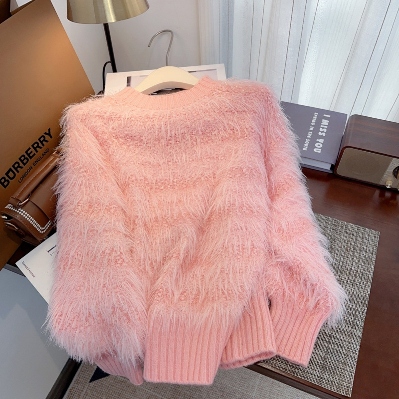Gentle mink fur pullover sweater thickened high-end new crystal yarn soft plush knitted sweater