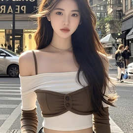 TZ5212性感纯欲风假两件吊带上衣女春季新款时尚百搭短款打底衫