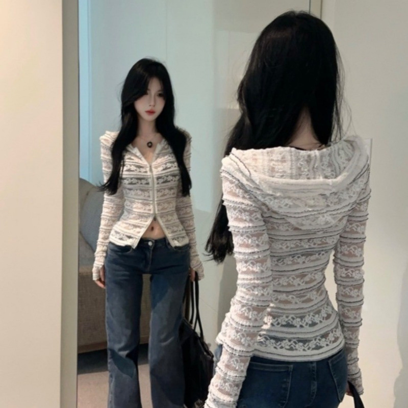 立体ストライプレースかぎ針編みフード付きカーディガン女性初秋の新しいスタイルファッショナブルなジャケットベルスリーブウエストトップ|undefined
