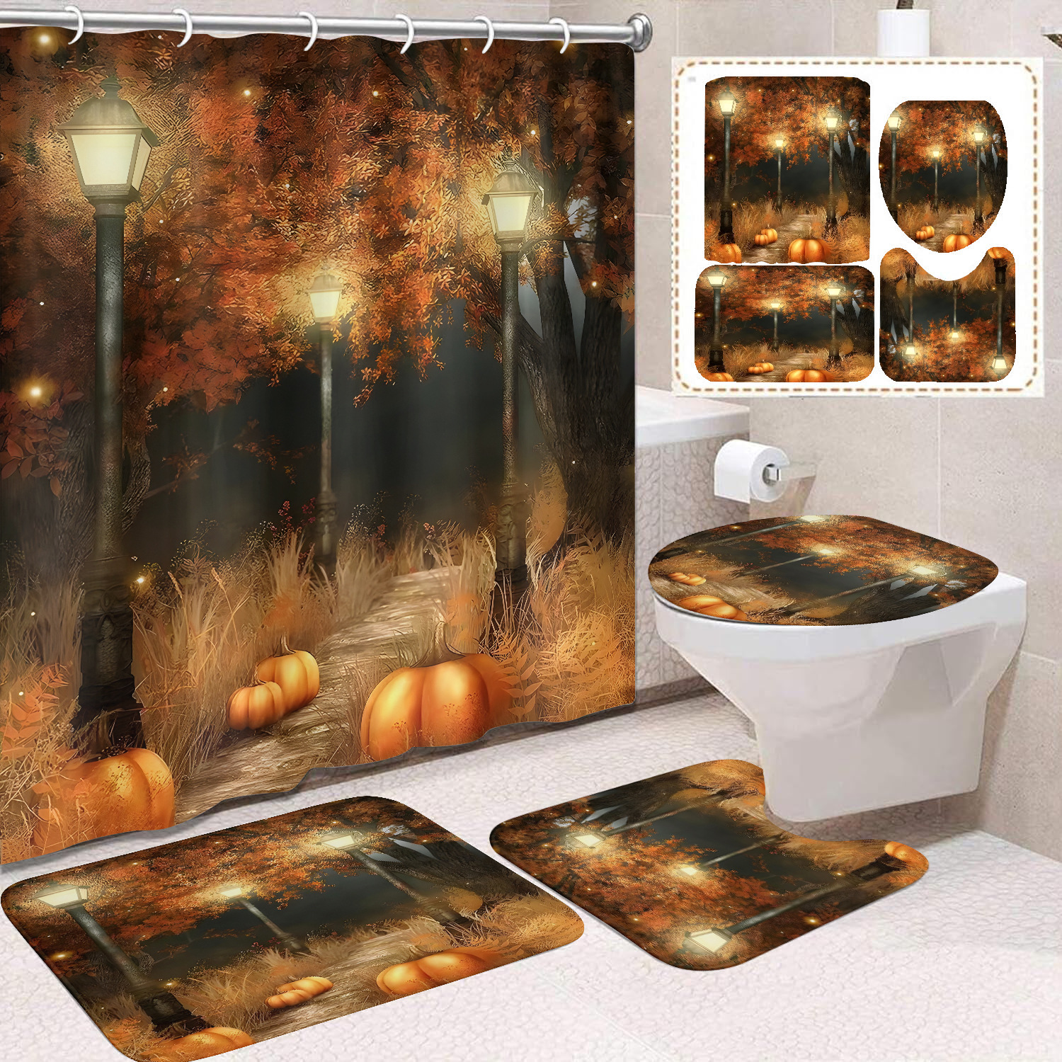 Cortina de ducha de Acción de Gracias, cosecha de otoño, serie de calabaza, cortina de ducha, cortina de baño, cortina de baño impermeable de poliéster, cortina de baño de cuatro piezas image 52