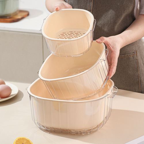 Internet celebrity double-layer drain basket vegetable and fruit washing basin cream style home kitchen plastic drip basket vegetable washing basket wholesale