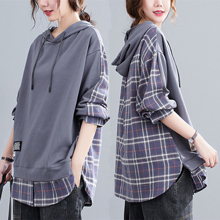 Real shot loose long sleeve hooded soft sweater spring new fake two-piece stitching Plaid all-match casual top