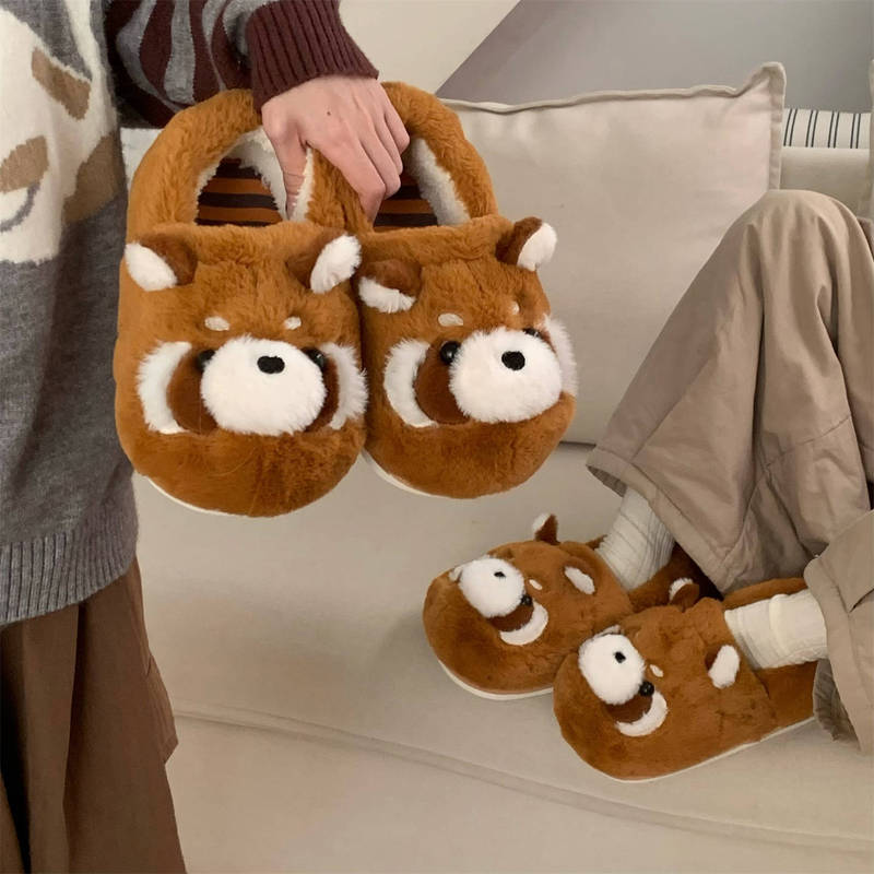 Plaid and Warm Cartoon Fun Home Soft-Soled Cotton Slippers Soft and Cute Men and Women Cute Little Raccoon Couple Furry Shoes Winter
