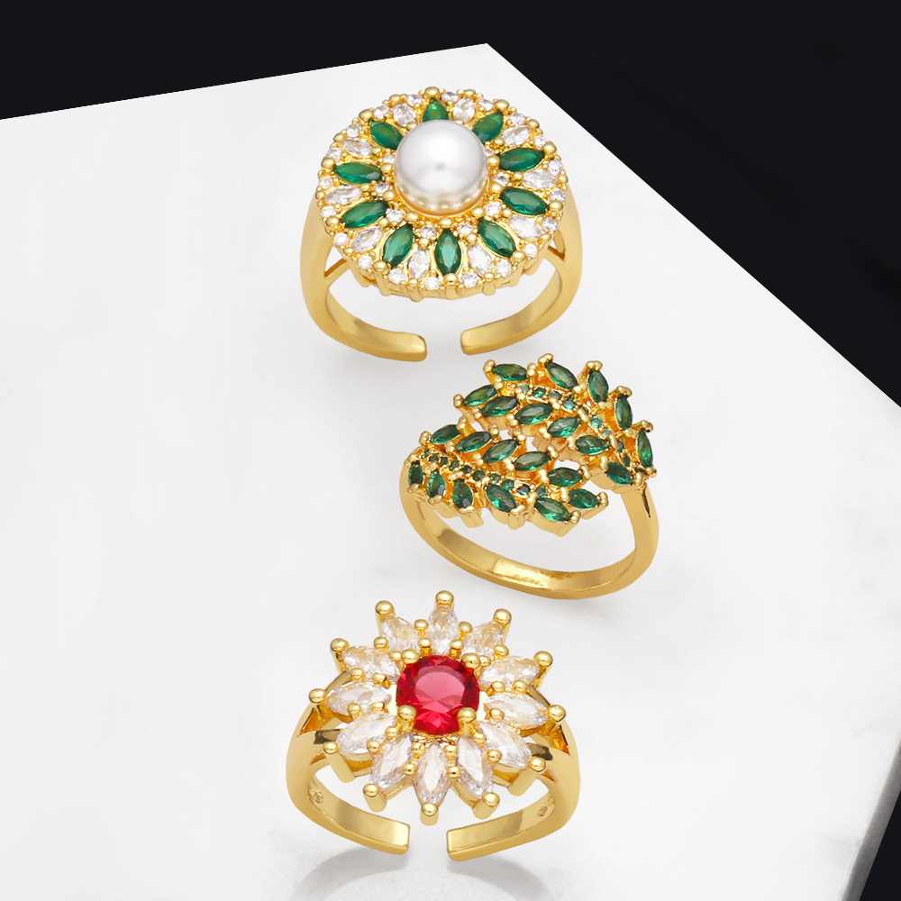 Fashion Leaf Flower Copper Open Ring Plating Inlay Zircon Copper Rings