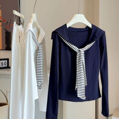 海军领条纹绑带拼接假两件长袖T恤女2025春秋新款修身显瘦上衣服