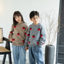 100%纯羊毛儿童毛衣圆领男童女中大童草莓套头加厚宝宝羊绒针织衫