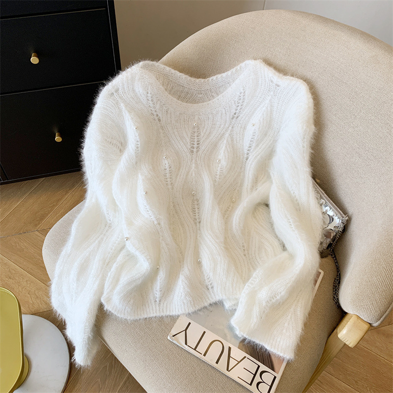 Beautiful Mohair White Cut Out Beaded Knitwear for Women in Autumn and Winter, Lazy Style, Soft and Waxy, Versatile Casual Knitwear