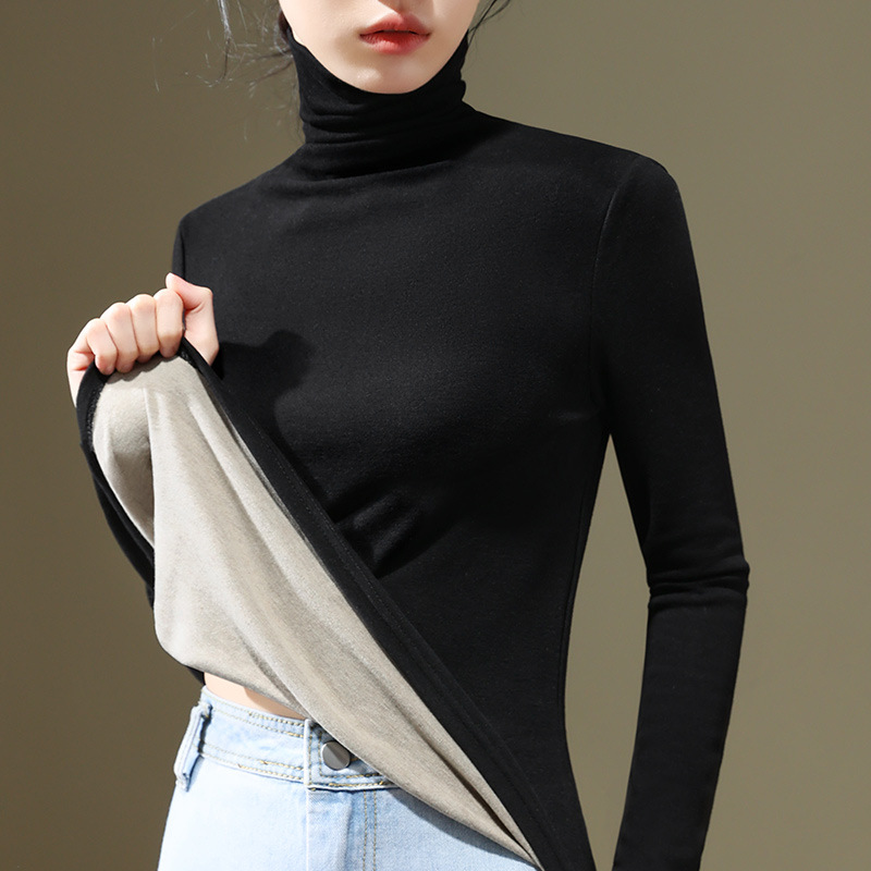 Camiseta de cuello alto de seda y cachemira para mujer, nueva colección 2024, ropa de mujer, camiseta térmica de manga larga con cintura ajustada