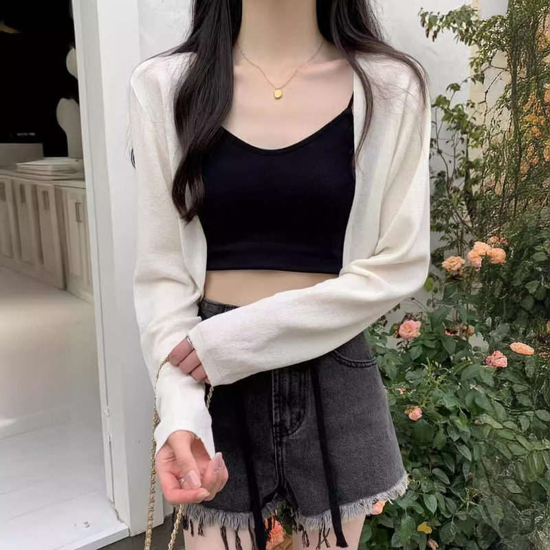 Thin Knit Sweater Women's Summer Shawl White Sun Protection Outer Strap dress Long Sleeve Cardigan Jacket Top