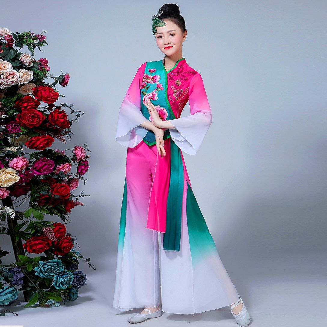 服服装扇子舞秧歌服套装飘逸演出民族腰鼓舞台舞蹈古典中老年
