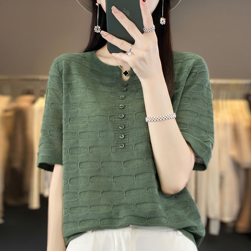 [Brand Selection] Women's Short-Sleeve Round-Neck Loose Large-Size Ice Silk Knit Top Thin T-Shirt for Summer