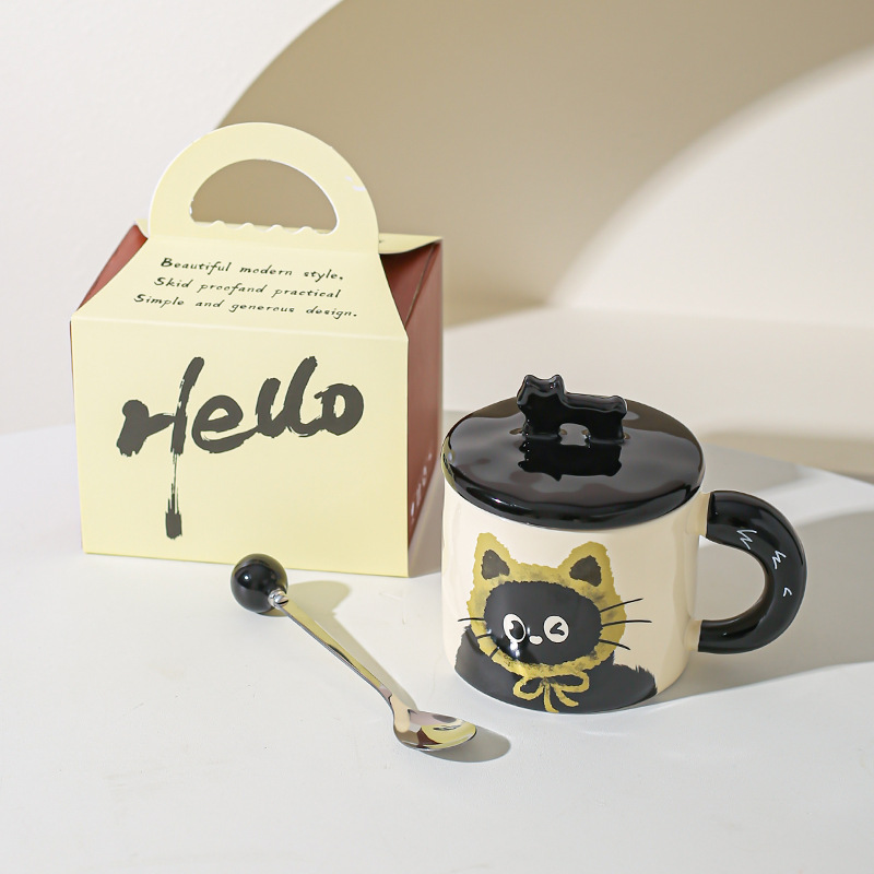 Cute gato gato taza de oficina taza de cerámica con taza de agua cubierta regalo pareja acompañante caja de regalo creativa de cumpleaños