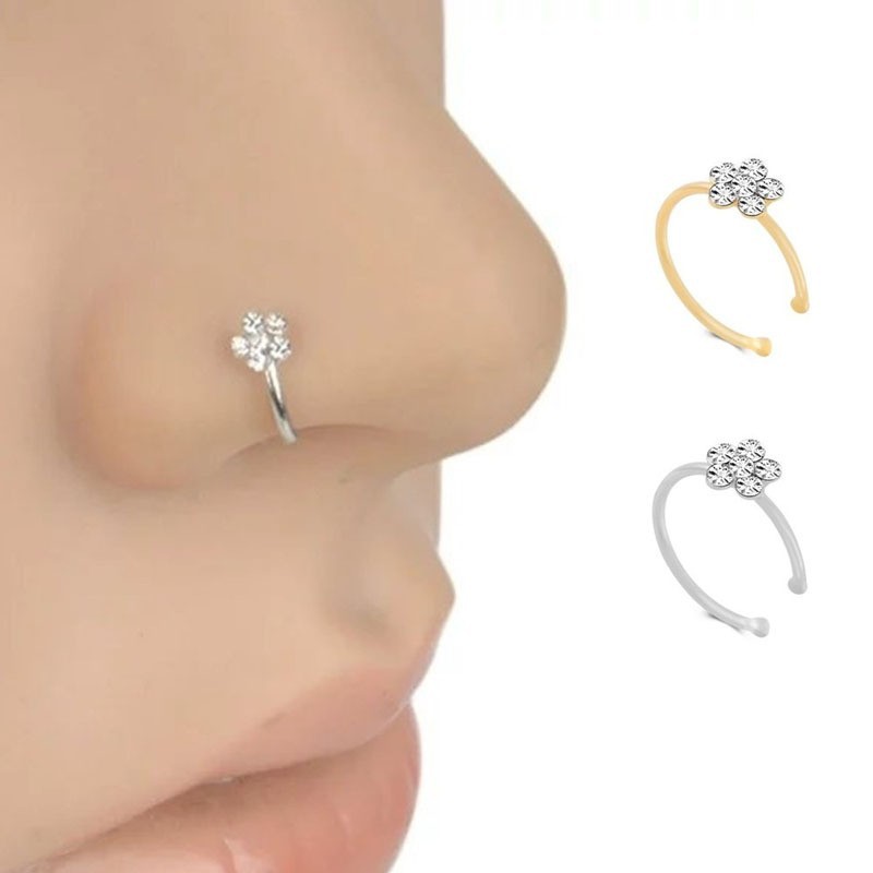 Wish hot-selling nose rings and studs, popular cross-border piercing jewelry, copper-plated silver jewelry, flower-shaped C-shaped rhinestone nose rings
