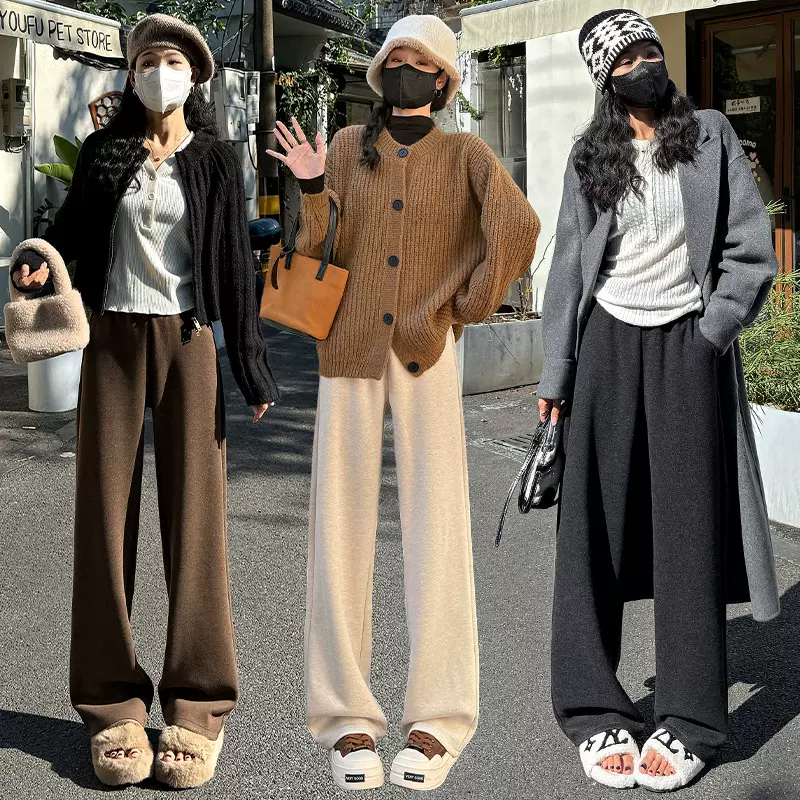 秋冬季直筒宽松阔腿裤女士新款羊绒保暖休闲长裤高腰显瘦百搭裤子