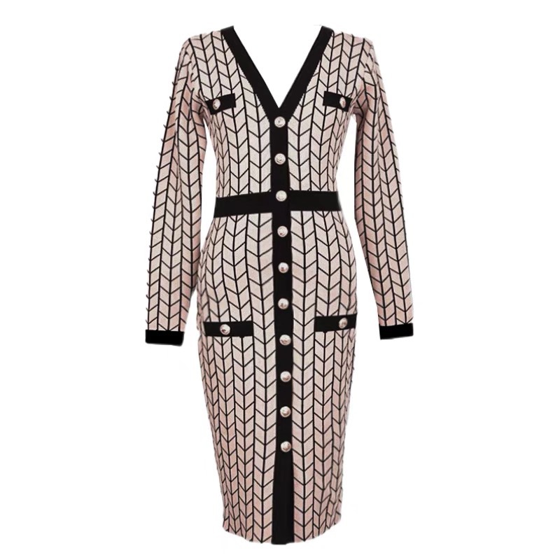 Fashion Khaki Geometric Texture Buttoned Pocket Dress