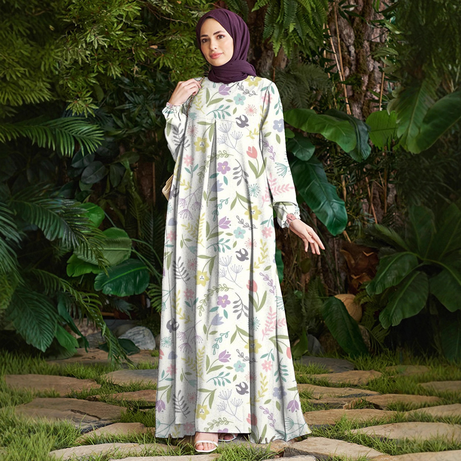 Elegant Floral Print Maxi Dress With Loose Fit - Bohemian Style Long Sleeve Dress For Women, Comfortable Polyester Blend Fabric, Versatile For Parties_ecoleips.com