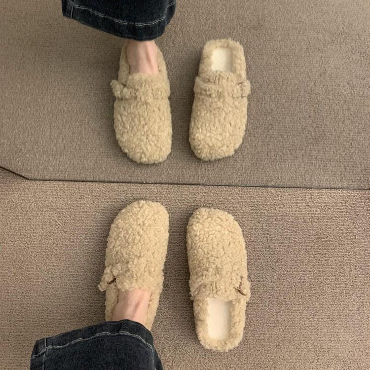 秋冬季新款保暖加绒羊羔毛毛鞋女时尚外穿厚底包头勃肯鞋半拖鞋|undefined