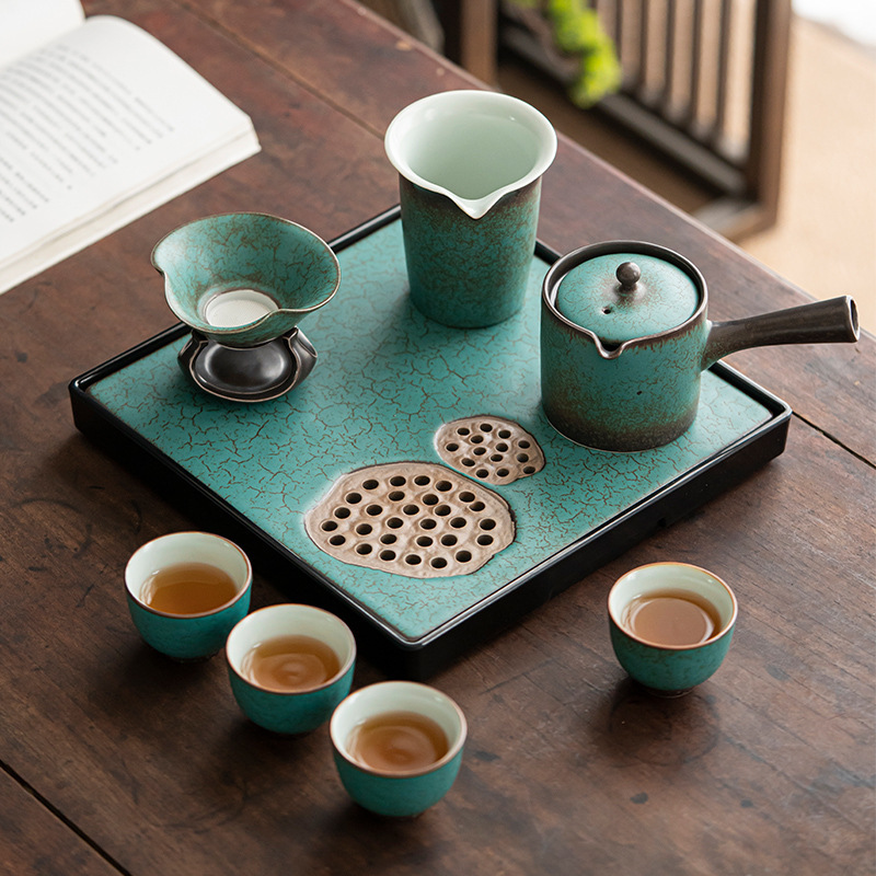 Ceramic tea set tea tray gift box home office light luxury Japanese kiln turned green teapot teacup Kung Fu tea set