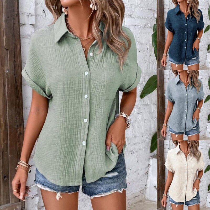 Cross-border 2025 Amazon Summer New European and American Women's Shirt Solid Color Casual Bat Sleeve Button Shirt for Women