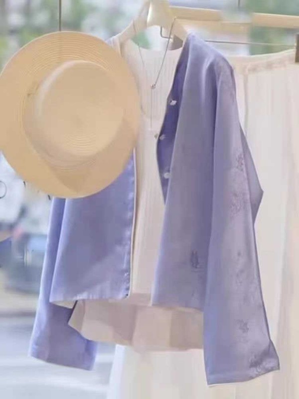 高端国风时尚新中式蓝色圆领开衫女秋衬衫2025春秋季新款女款上衣|undefined