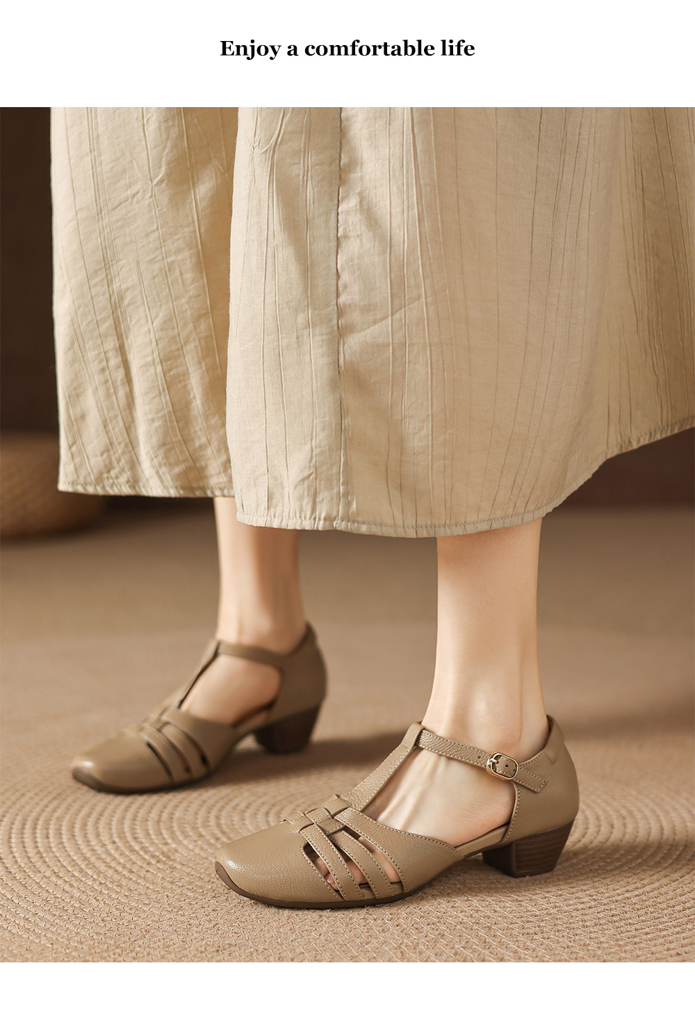 Sandal nữ da cừu dệt bao đầu mũi vuông gót dày 3.5cm quai ngang kiểu La Mã — màu trắng ngà chi tiết 11