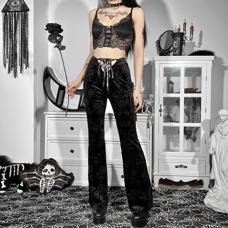 Print Gothic Style Low Waist Lace-Up Flared Pants NSGYB116450