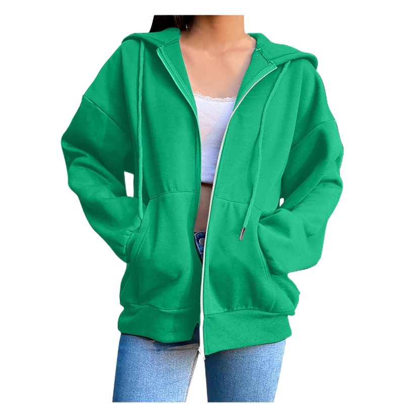 2023 amazon nuevo color sólido con capucha sudadera forrada de lana de manga larga abrigo mujeres calle suelta cremallera superior