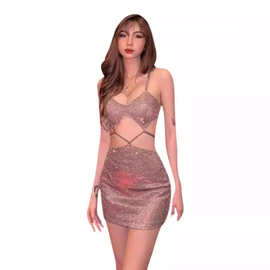 欧美风2024夏季新款跨境女装时尚镂空露脐修身晚礼服连衣裙女批发
