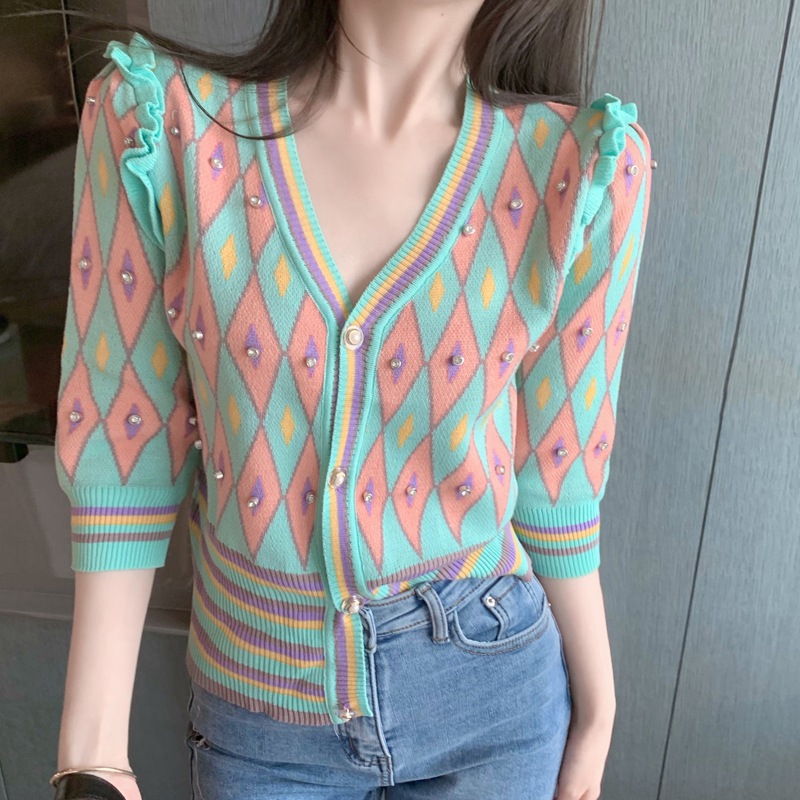 Net Red Borneol jacket 2021 new pattern summer Retro sweater Thin section knitting Short sleeved Cardigan coat