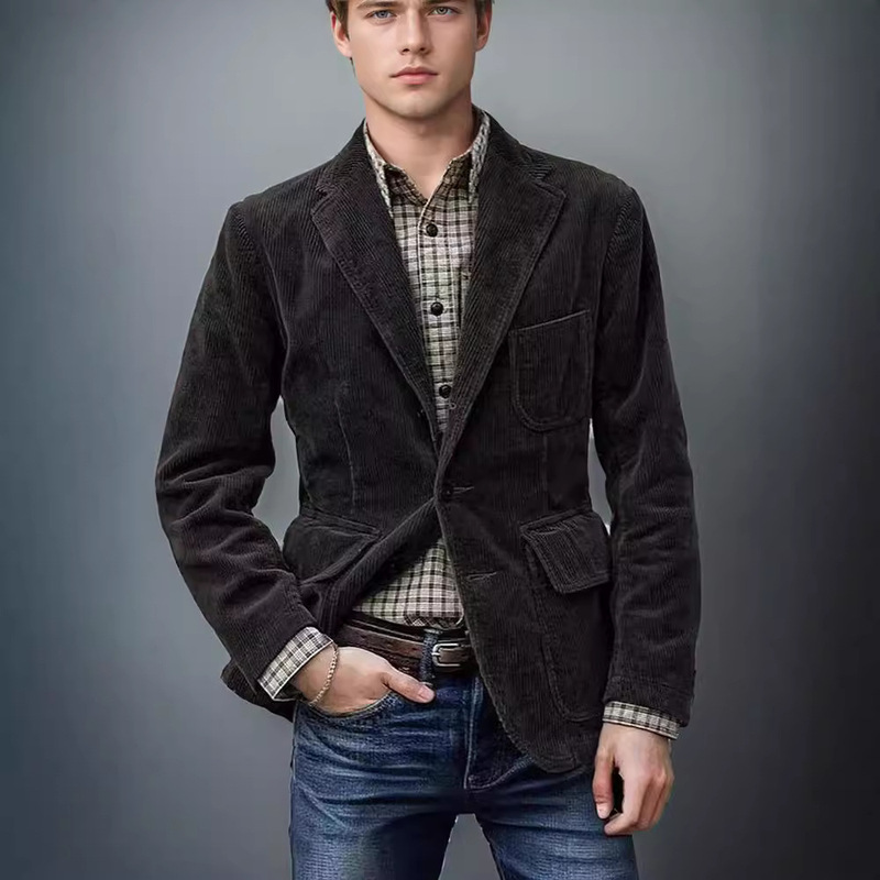 in stock Cross-border Suit Spring and Autumn Men's Corduroy British Style Suit Jacket with Vest Top Men's suit