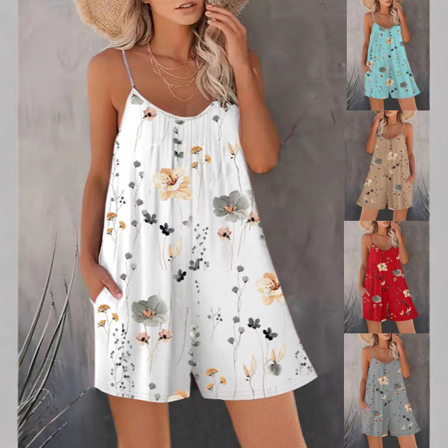 2025 Spring/Summer New Casual Women's Jumpsuit with Straps, V-Neck, Printed Pockets, Sleeveless Jumpsuit, Women's Straight-Leg Pants