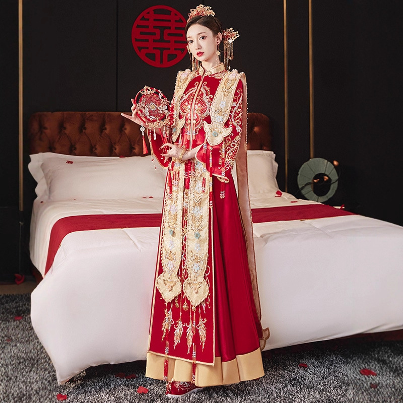 Xiuhe Dress 2026 Bride's New Style Hanfu Heavy-Duty Phoenix Crown and Veil Wedding Dragon and Phoenix Gown Plus Size Ming-Style Wedding Attire