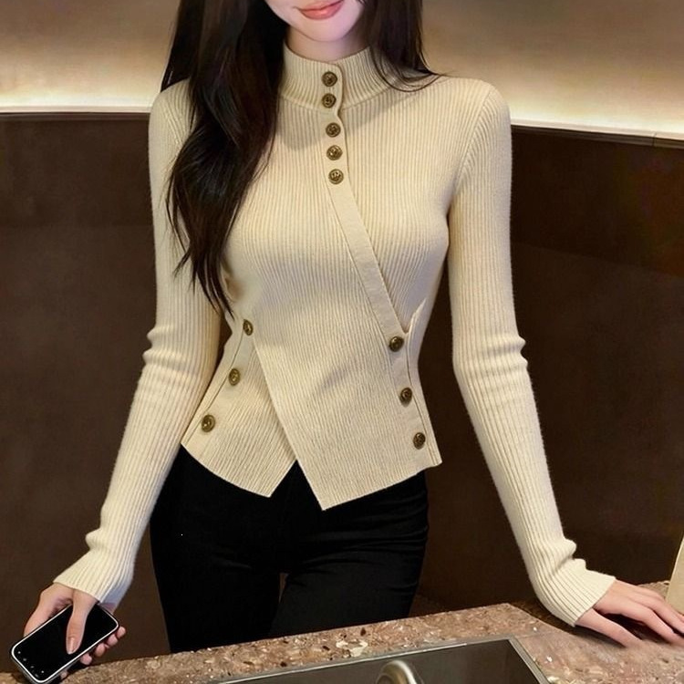 French-style vintage solid color half-high collar knitted sweater for women, autumn and winter slim-fit long-sleeve top