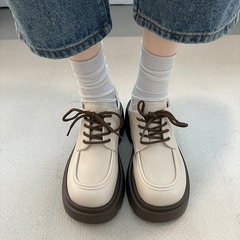 英倫風圓頭黑色粗跟厚底小皮鞋女2024新款秋天法式復古瑪麗珍單鞋