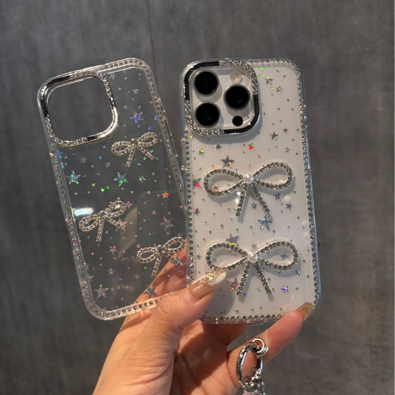 豪華なダイヤモンド付きリボン型スマホケース Apple 17 Pro Max レーザー星柄保護カバー 15 Pro/14 女性向け 11|undefined